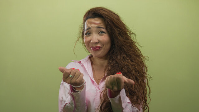 Woman offering hands palm up wearing pink shirt and red nails in studio with green backdrop; playful curiosity.