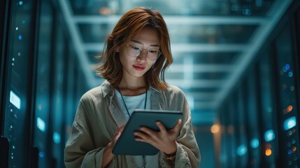 Asian female cybersecurity expert working on tablet in Data Center, running tests to identify vulnerabilities