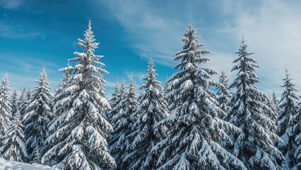 Snow-covered pine trees in a winter landscape under a partly cloudy sky.