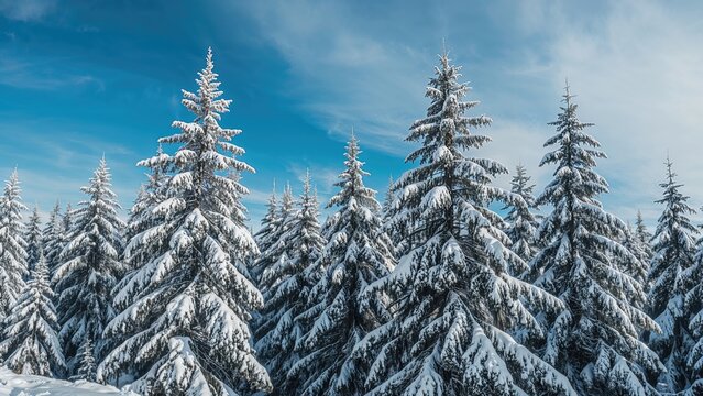 Snow-covered pine trees in a winter landscape under a partly cloudy sky.