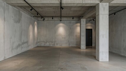 Empty concrete space with walls, ceiling, and support columns. Modern industrial interior. Minimalist room design.