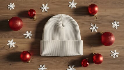 Christmas Winter Hat Mockup on Wooden Table