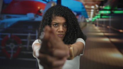 Woman pointing finger as gun on boat deck with focused expression and tense posture and steady...