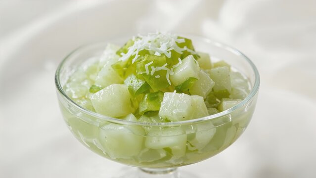 Fresh cucumber salad with shredded coconut in a glass bowl, close-up. Refreshing summer dish. Healthy vegetable snack. The concept of healthy eating and fresh ingredients.