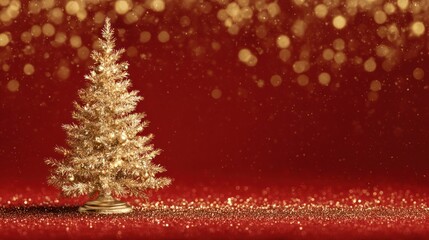 Golden and silver lights with Christmas tree on red background, bright decoration for merry Xmas greeting message. Elegant holiday season social post digital card. Copy space for text or logo