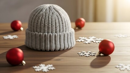 Christmas Beanie Mockup on Wooden Table with Ornaments