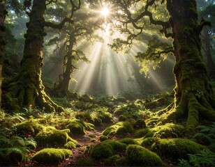 Obraz premium Sun rays stream through canopy. Lush green forest with moss-covered trees, creating a mystical and serene atmosphere. A path invites you to explore