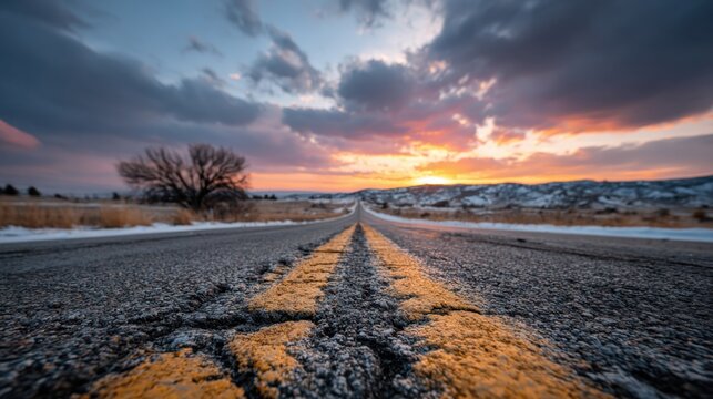 Road leading to New Year 2025 celebration through beautiful mountains and open sky. A journey on an open highway into the promising future concept