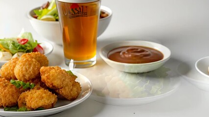 Delight in crispy fried snacks paired with vibrant salads and beverages for an enjoyable dining experience perfect for gatherings