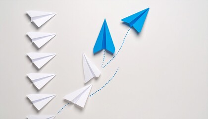 Blue paper airplane diverging from white group in flight with dashed trajectory line on yellow background.