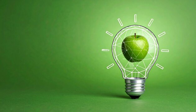 Green apple with polygonal texture inside illuminated light bulb on green background symbolizing eco innovation. - Powered by Adobe