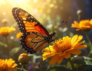 Obraz premium A vibrant butterfly, with orange and black wings, delicately perched on a bright yellow flower, basking in sunlight