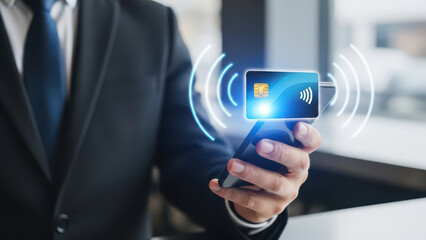 Man in suit holding smartphone with contactless payment card and glowing waves blue