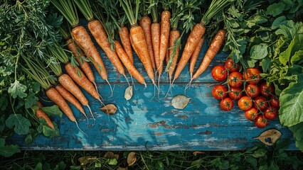 Fresh carrots and cherry tomatoes arranged on a blue wooden surface surrounded by green leafy vegetables. Organic produce display. Healthy food and vegetable selection.