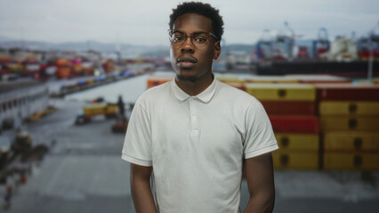African american man stands with glasses and face forward in front of shipping containers on...