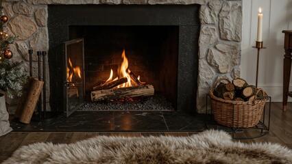 Cozy fireplace with burning logs in a stone wall setting, surrounded by a basket of firewood and warm decor.