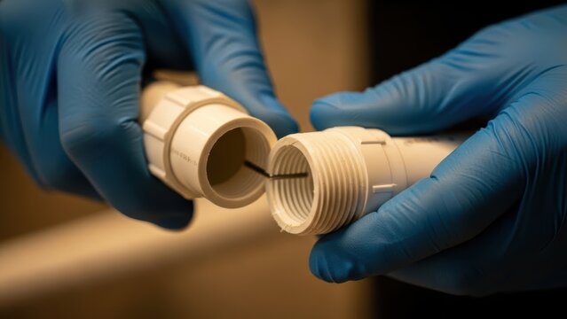 Person in blue gloves connecting two pieces of white pvc pipe. Engineering concept. Home renovation and plumbing.