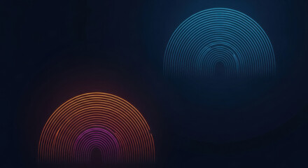 Two glowing neon arches one orange purple one blue on dark background light