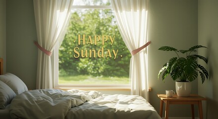 Cozy bedroom with happy Sunday message and morning light shining through