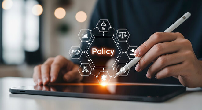 Navigating Policy with Technology Digital Governance Compliance Solutions and Business Strategy on Touchscreen Tablet