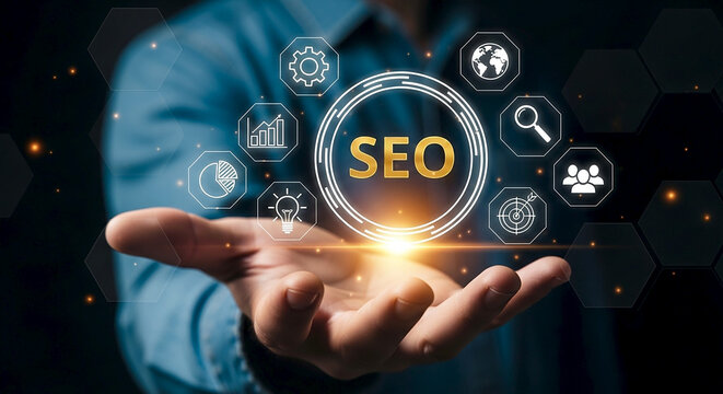 Hand Displaying SEO Strategy Digital Marketing Optimization Search Engine Ranking Online Success Business Growth Light