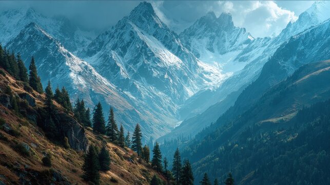 Majestic mountain range with snow covered peaks, bright blue sky and puffy clouds, nature landscape in the Himalayas