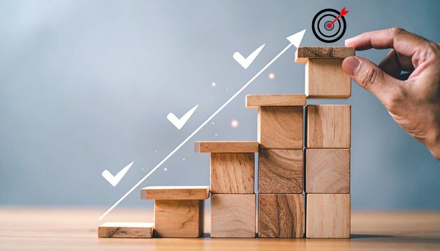 Hand placing final wooden block on ascending staircase with arrow, checkmarks, and target icon on neutral background.
