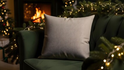Christmas Pillow Mockup on Festive Sofa