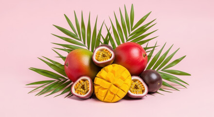 Fresh tropical fruits composition mango passion fruit and palm leaves against pink background