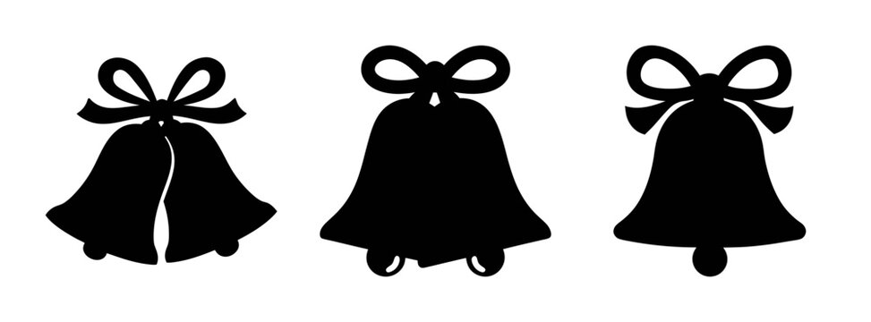 Christmas bells vector silhouette set, holiday bells with bows, festive bell clip art design element