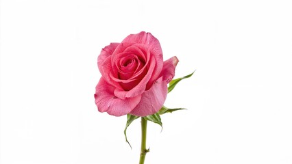 A pink rose flower on a stem against a white background.