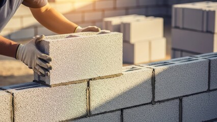 Man builder laying aerated concrete block on construction site. Masonry work on new house building foundation for wall. Industry worker at work.
