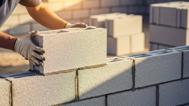 Man builder laying aerated concrete block on construction site. Masonry work on new house building foundation for wall. Industry worker at work.