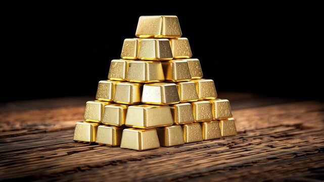 Gold bar pyramid stack rustic wood shiny metal ingot bullion, wealth treasure investment finance luxury savings, elegant minimal scene reflects warm