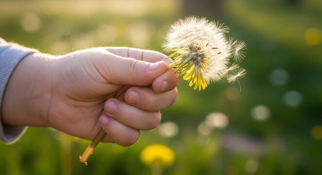Childs hand holding dandelion against sunlight nature and growth concept