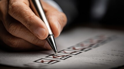 Businessman checks off items on a checklist with pen showing project progress and task management for development and tracking concepts with continuous loading status