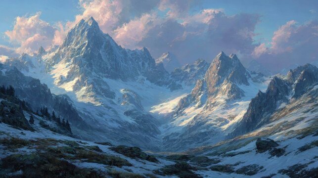 Majestic mountain range with snow covered peaks, bright blue sky and puffy clouds, nature landscape in the Himalayas