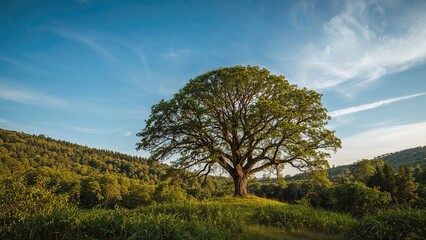 Obraz premium Tree in a lush green landscape under a blue sky with scattered clouds.