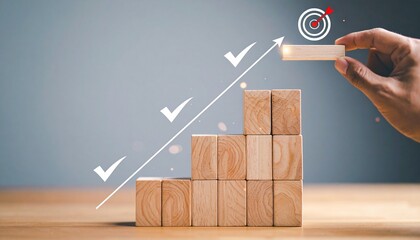 Hand placing final wooden block on ascending staircase with arrow, checkmarks, and target icon on neutral background.