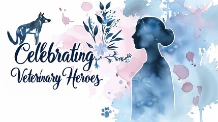 Watercolor illustration banner, gentle veterinarian silhouette caring for animals, soft brushstroke textures, dreamy pastel blues and pinks, elegant script text "Celebrating Veterinary Heroes"