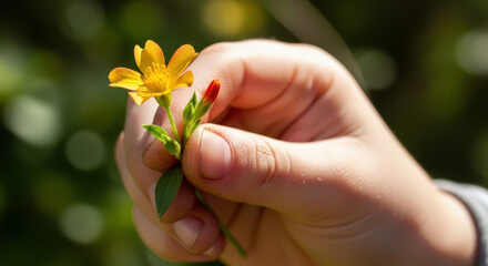 Close up of hand holding delicate yellow flower against blurred green background