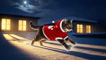 A cat wearing a flowing red Christmas cloak runs energetically through the snow outside a warmly lit house on a winter night.
