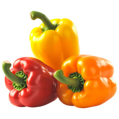 Three vibrant bell peppers, red, yellow, and orange, isolated on transparent background, showcasing their fresh textures and colors
