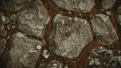 Close-up of rocks with brown soil or clay in between, natural mineral surface.