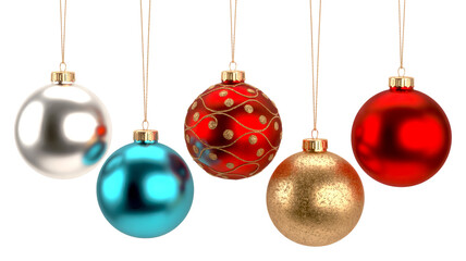 Colorful christmas balls hanging on transparent background, festive decoration for new year and christmas celebration isolated on transparent background