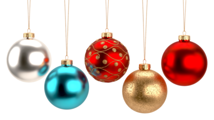 Colorful christmas balls hanging on transparent background, festive decoration for new year and christmas celebration isolated on transparent background