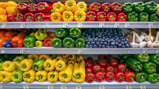 Vibrant rows of fresh peppers, tomatoes, garlic, and blueberries showcase the variety found in a grocery store&rsquo;s produce section