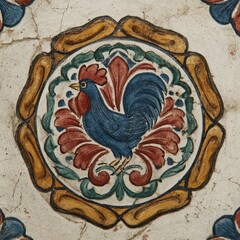 Decorative ceramic tile displays a vibrant rooster surrounded by intricate floral motifs, highlighting traditional artistry and craftsmanship in ceramic design