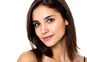 Portrait of a young Hispanic woman with dark hair and expressive eyes, smiling gently, perfect for beauty and lifestyle promotions and advertisements.