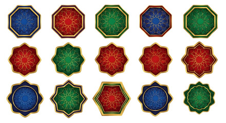 Ornate islamic geometric badge collection isolated on transparent background